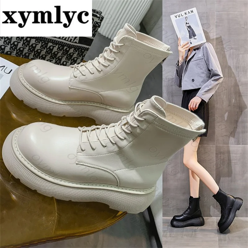 

2021autumn new solid color Martin boots Korean style lace-up zipper round toe platform platform short boots women platform boots