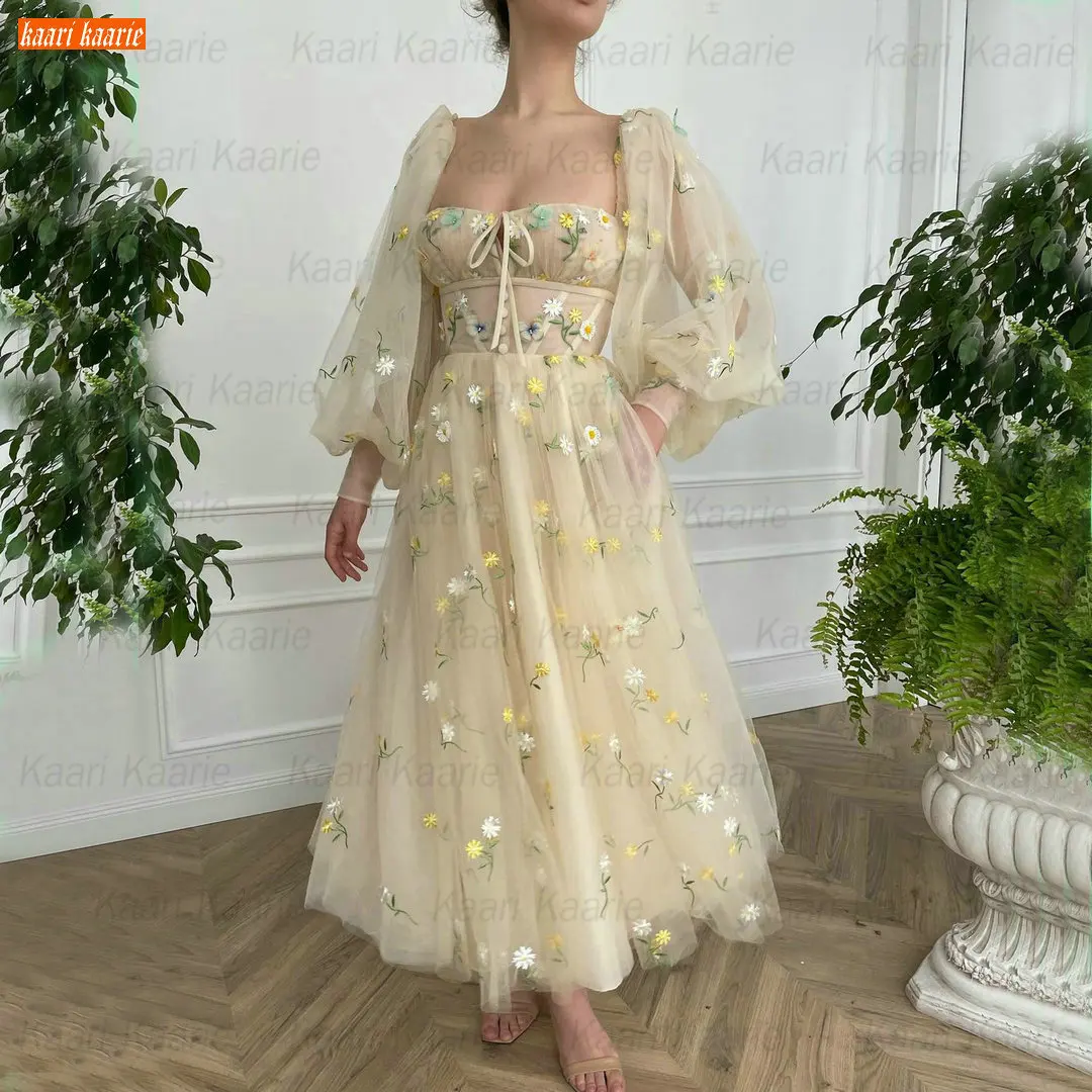 

Champagne Prom Gowns Long Puff Sleeves 2021 Party Dresses A Line Vestido De Fiesta Largo Custom Made Robe De Soirée De Mariage
