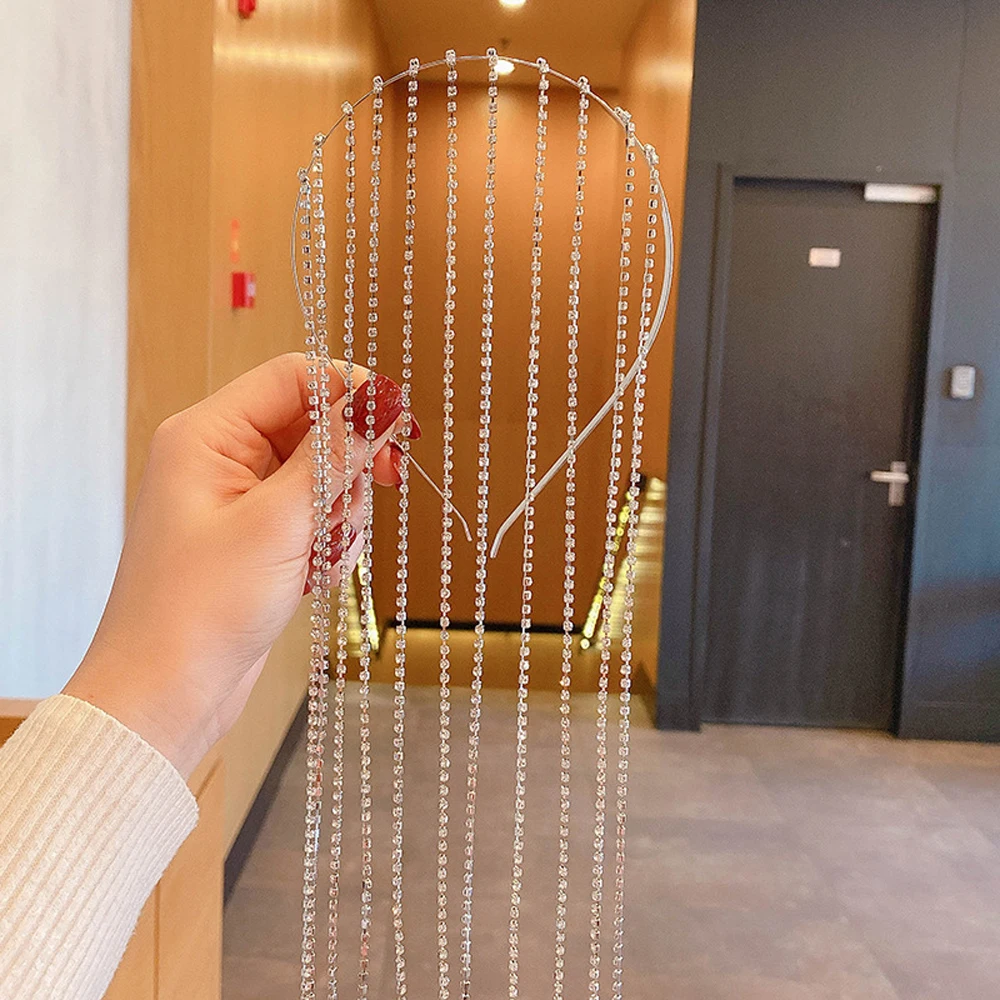 

Shine Rhinestone Hairbands Women Long Tassel Crystal Jewelry Headwear Hair Hoop Wedding Party Hair Accessories