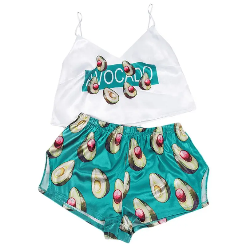 

Women Imitation Silk Pajamas Set Sleeveless Camis Top Shorts Avocado Sleepwear XX9D