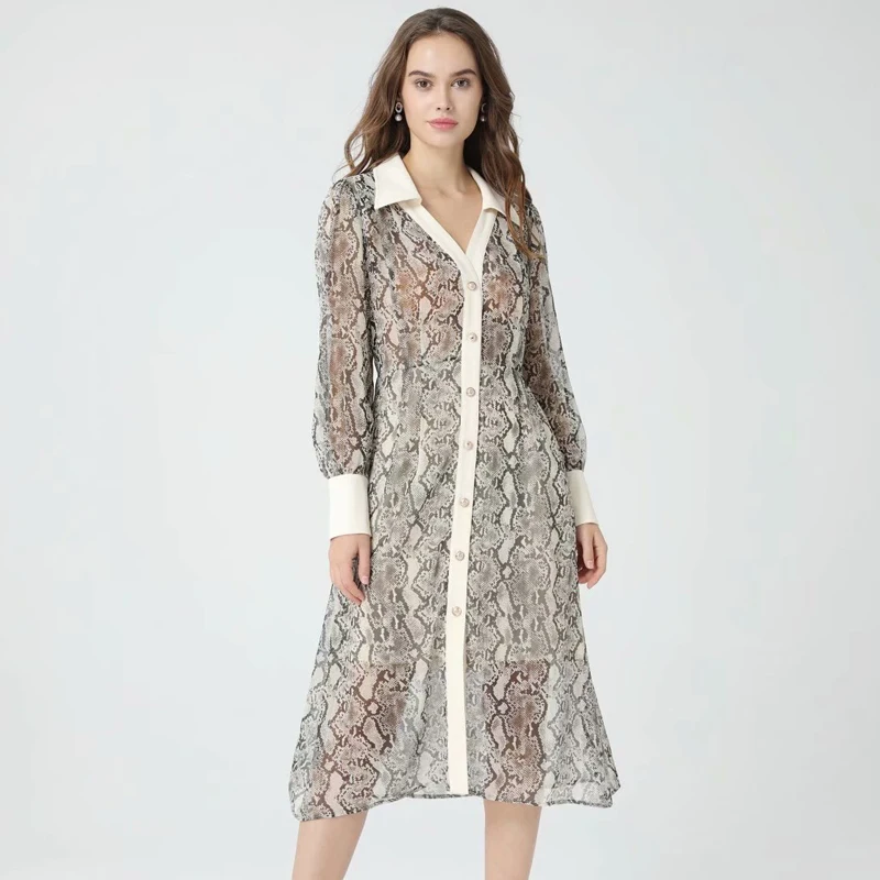 

Designer 2021 Spring New Women Fashion Vintage Snake Print Print Lapel Color Block Button Chic Party Elegant Midi Chiffon Dress