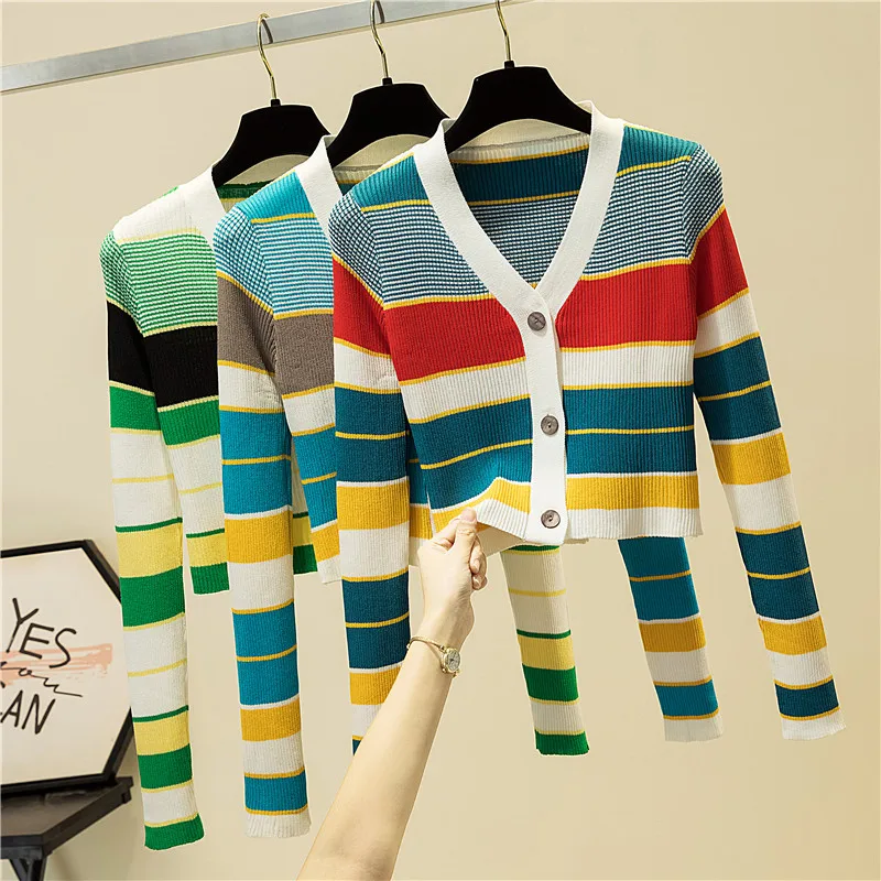 

LJSXLS 2021 Autumn Korean Style V Neck Striped Sweater Women Short Slim Tops Long Sleeve Cropped Knitted Cardigans Jersey Mujer