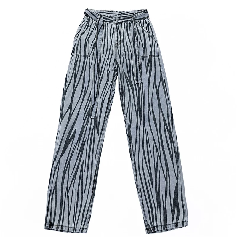 

SHENGPALAE Streetwear Striped Jeans Women's Summer 2021 New High Waist Thin Loose Straight Denim Pants Female Tide With Belt