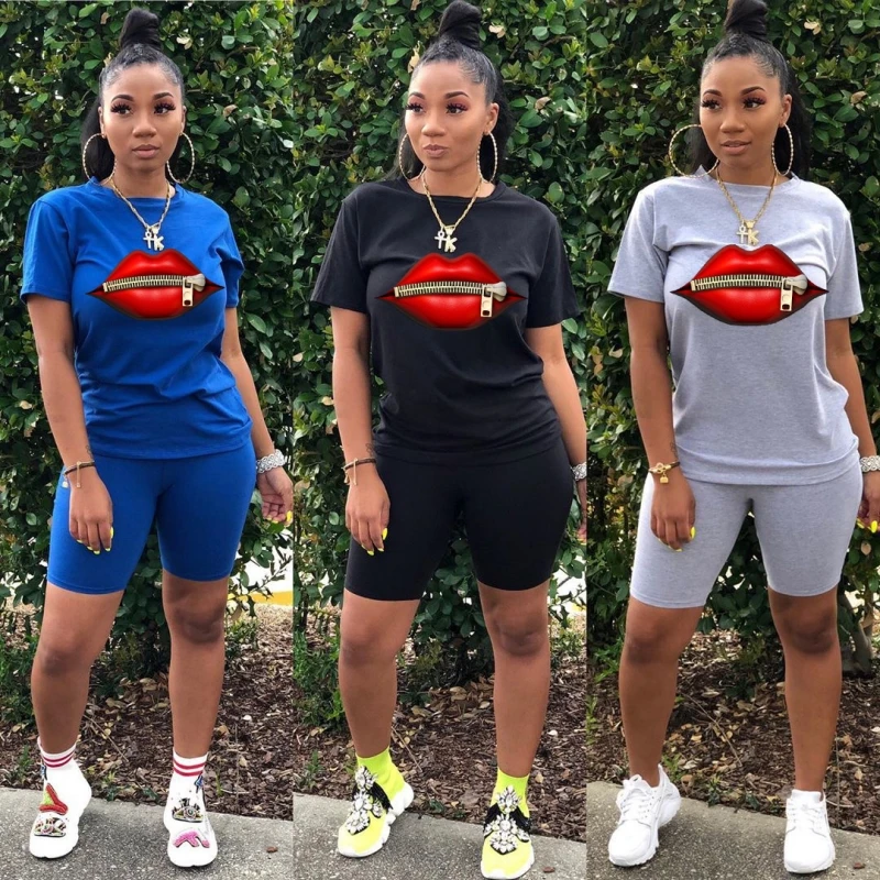 

Women Sets Summer Tracksuits Leisure Wear Mouth Print T-Shirts+Shorts Suit Two Piece Set Club Party Street 2 Pcs Outfits