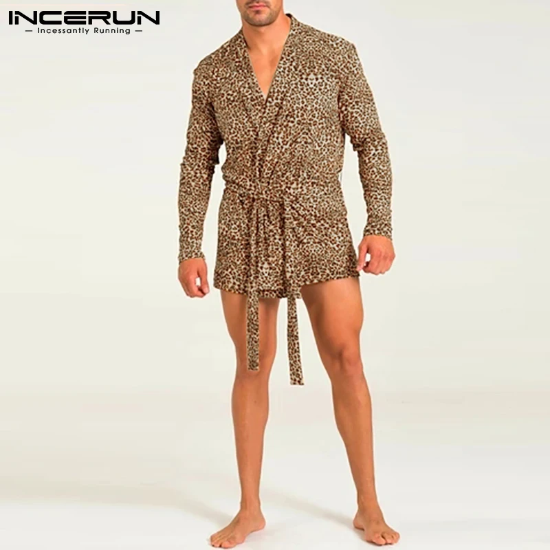 INCERUN Tops 2023 Comfortable Homewear Men's Robes Loose Comfortable Leopard Printing All-match Long Sleeve Cardigan Robes S-5XL
