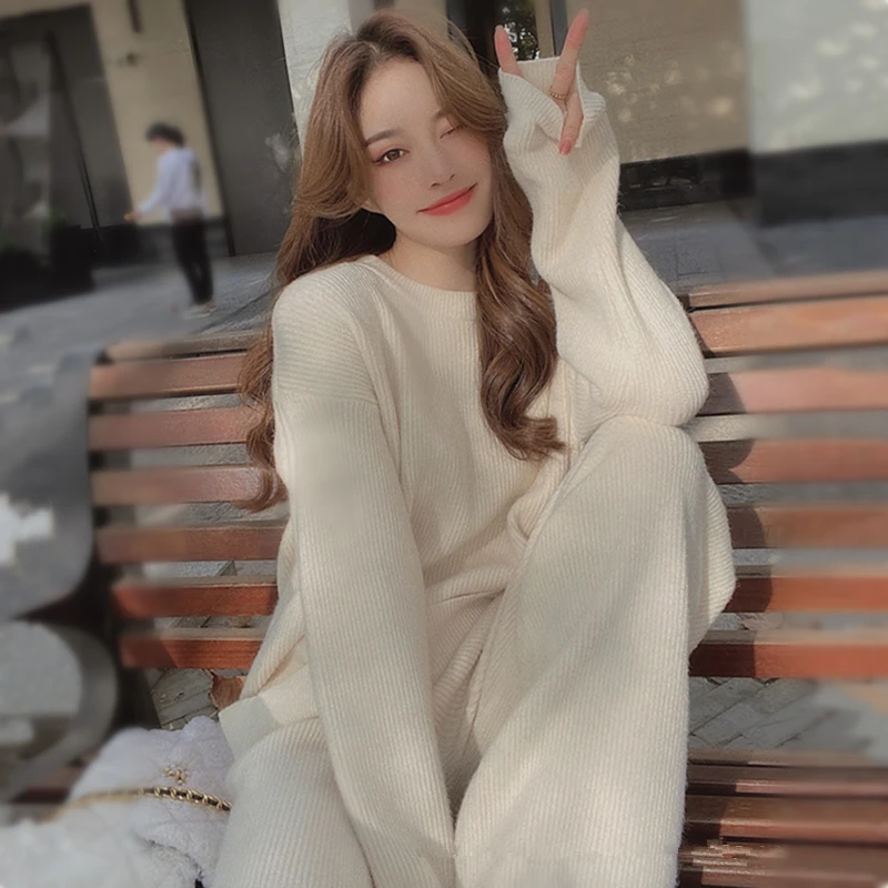 

Two Piece Set Pullover Sweater Knit Tracksuit Women High Waist Knit Straight Pants Suit Spring Clothes