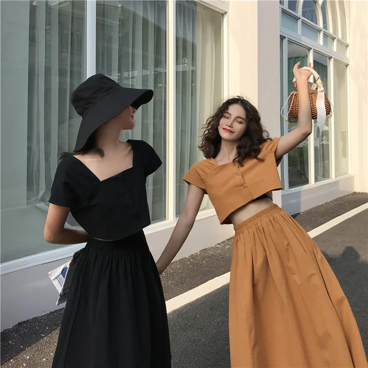 Женский комплект: укороченный топ и юбка, летняя винтажная двухслойная хлопковая юбка с квадратным вырезом, комплект из двух предметов