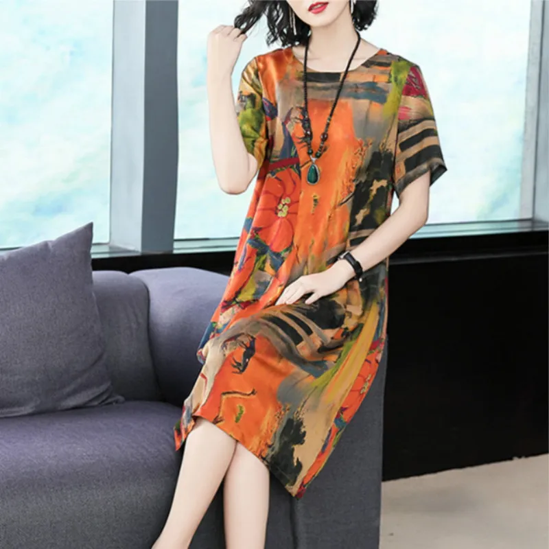 Летнее Новое Женское повседневное шифоновое платье с коротким рукавом и круглым