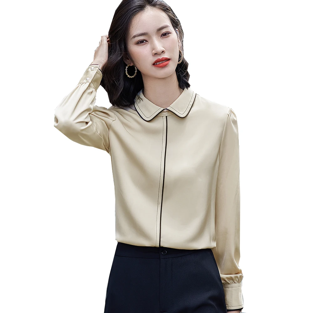 

High Quality Office Ladies Work Wear Silk Blouse Apricot White Women Classic Tops Plus Size Formal Business Shirt woman tshirts