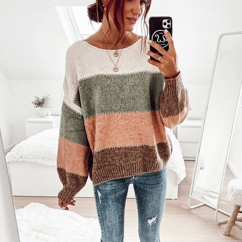 

2021 New Arrival Fashion Winter Knitted Sweater Contrast Color Long Sleeve Pullovers for Women Casual Tops