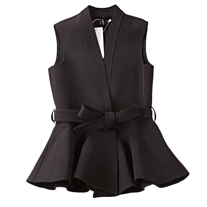 Женский жилет с поясом Черный Повседневный без рукавов оборками модель R1019 на