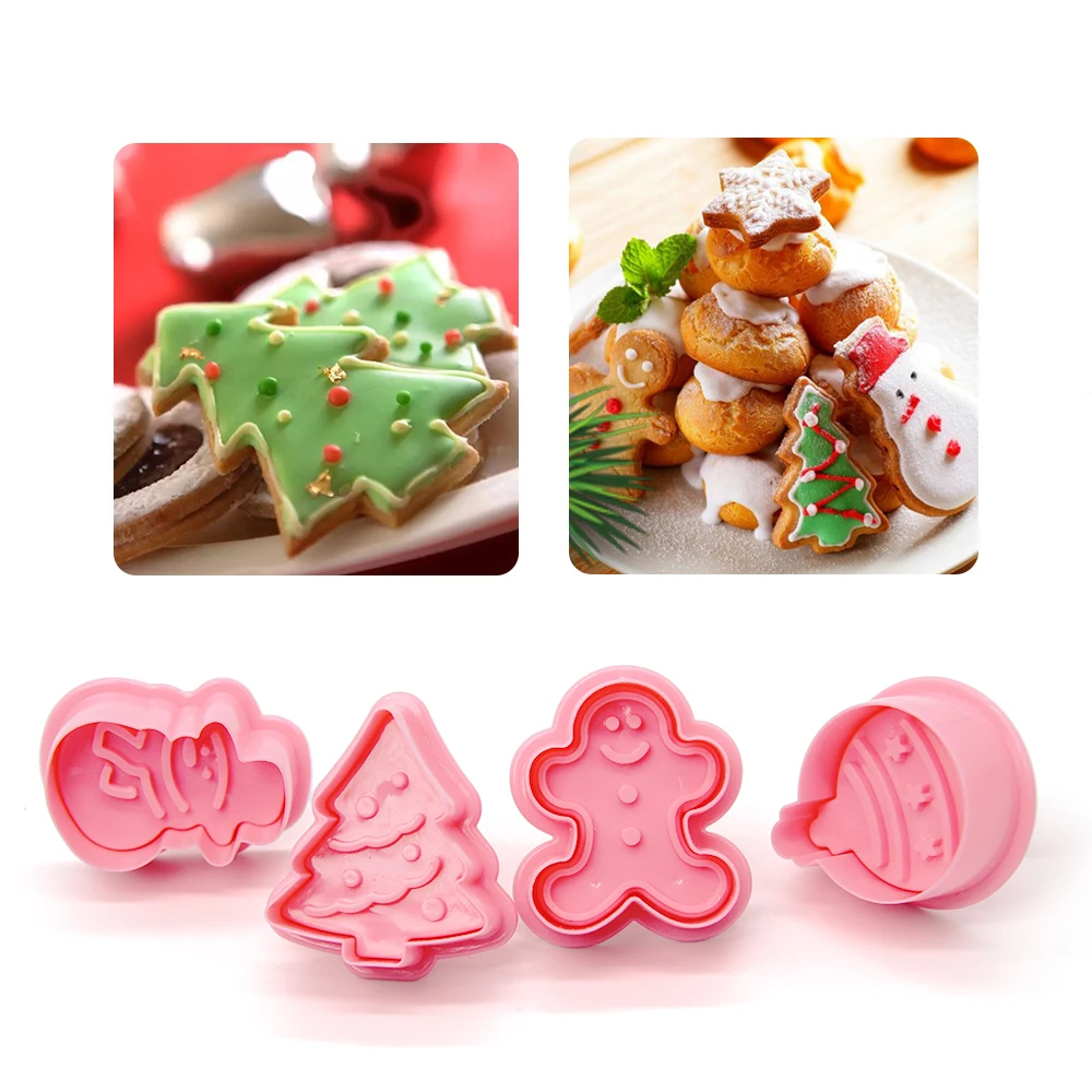 4 pcs 4 шт./компл. Еда Класс Пластик Рождественские Формы для нарезки печенья в виде Кухня формочки для выпекания кексов, Плунжер печать штамп инструменты для украшения тортов из мастики - Цвет: 4 pcs