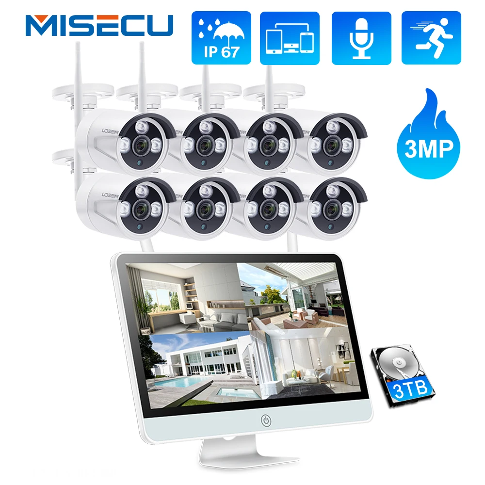 

Система безопасности MISECU, 8 каналов, 3 Мп, 12 дюйм беспроводной монитор NVR, наружная Wi-Fi камера видеонаблюдения, IP-камера