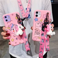 3d cute rainbow pink unicorn stand holder with lanyard case for iphone 11 pro x xs max se xr 7 8 plus lovely cartoon phone cover
