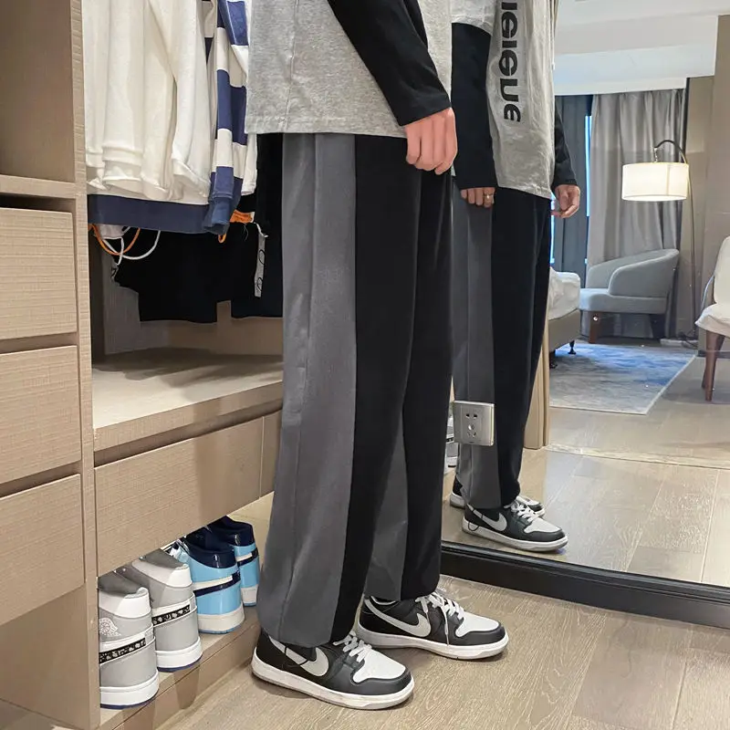 

Stitching Straight-leg Pants Men's Korean Fashion Loose Contrast Casual Pants Men's Harajuku Streetwear Retro Wide-leg Pants Men