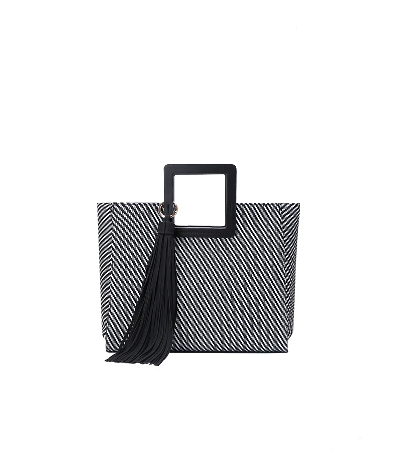 

Bohemian Women's Crossbody Bags Summer Straw Square Shoulder Bag Fashion Tassel Black White Striped Female Handbag Shopper Tote