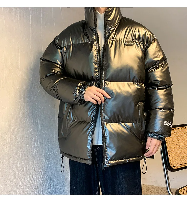 Winter New bright leather PU waterproof down padded jacket men's men and women with thickening clothing 2021 | Мужская одежда