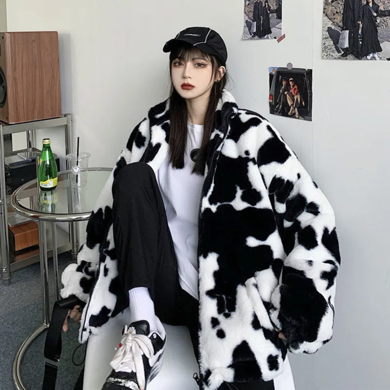 Winter Furry Teddy Coat Women Harajuku Dairy Milk Cow Print Loose Faux Fur Jacket Vintage Hip Hop Warm Streetwear Fuzzy Cute