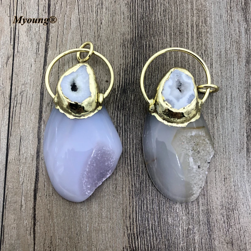 

Natural White Agates Druzy Geode Necklace Pendant With Gold Color Plated Finished Hoop For DIY Jewelry Making MY210604