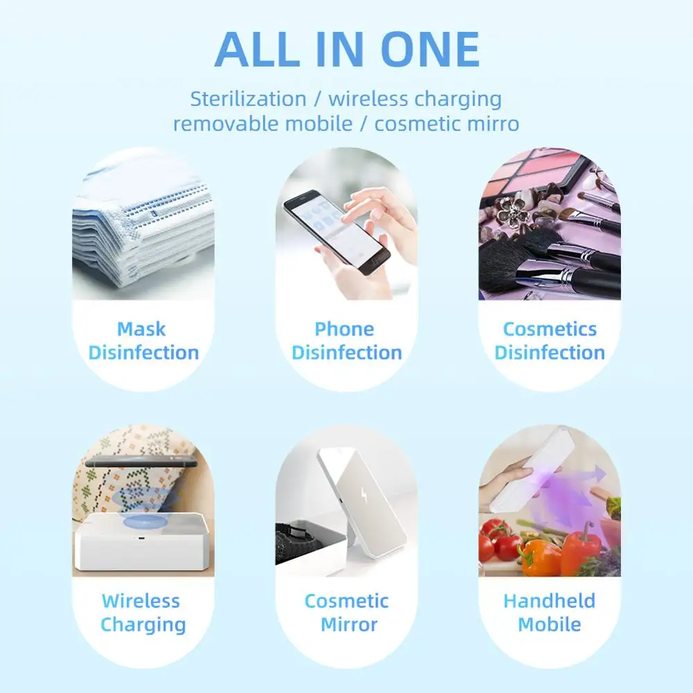 

QI-enabled Smart Phone Charger 10W Wireless Charging Watches Masks UV Disinfection Box Multi Cosmetic Mirror Jewelry Storage Box
