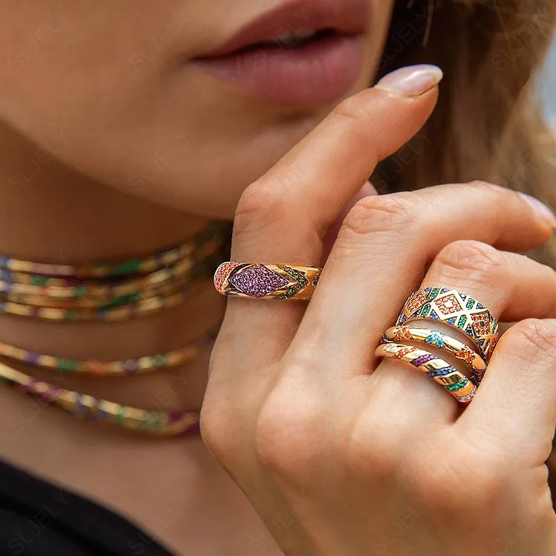 Baoyocn Luxury 925 Sterling Silver Yellow Gold Color Multicolor Large Tribal Finger Ring Paved Geometric Shapes Stones for Women | Украшения