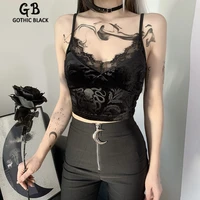 gothblack sexy slim solid splice lace camisole women gothic v neck backless sleeveless casual crop top new streetwear club tops