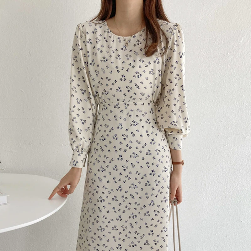 

ZCSMLL Simple round neck all-match puff sleeve waist mid-length floral dress women 2021 autumn winter new