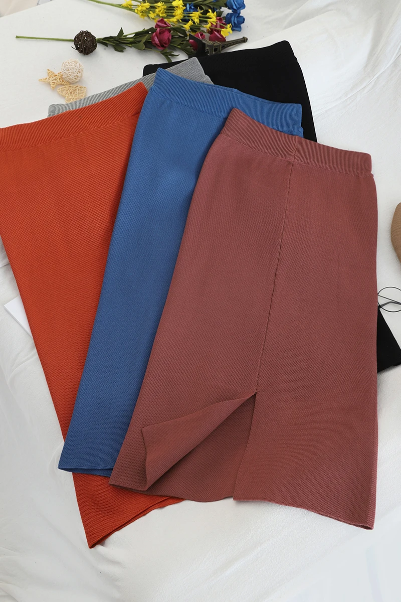 

Pearl Diary Women Knitted Pencil Skirt Autumn Winter Stretch Elegant Skirt With Slits Femme Skinny Casual Office Lady Skirts
