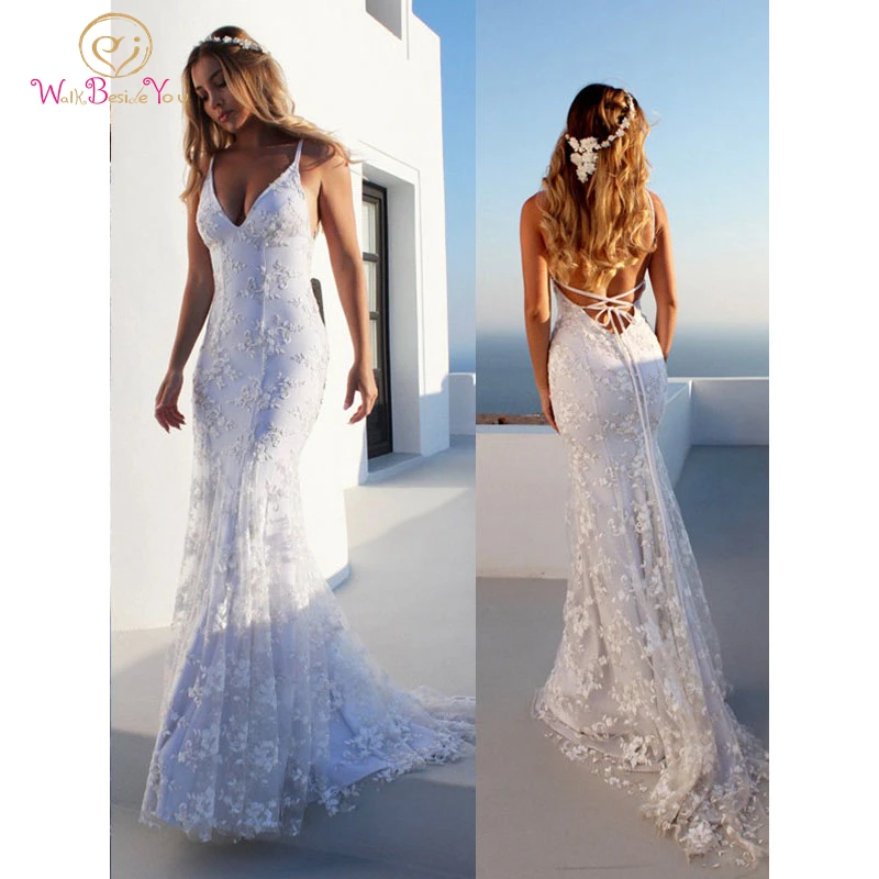 

Lace Mermaid Wedding Dresses 2021 Deep V Neck Sleeveless Sweep Train Elegant Long Spaghetti Strap Sexy Backless Bridal Gowns