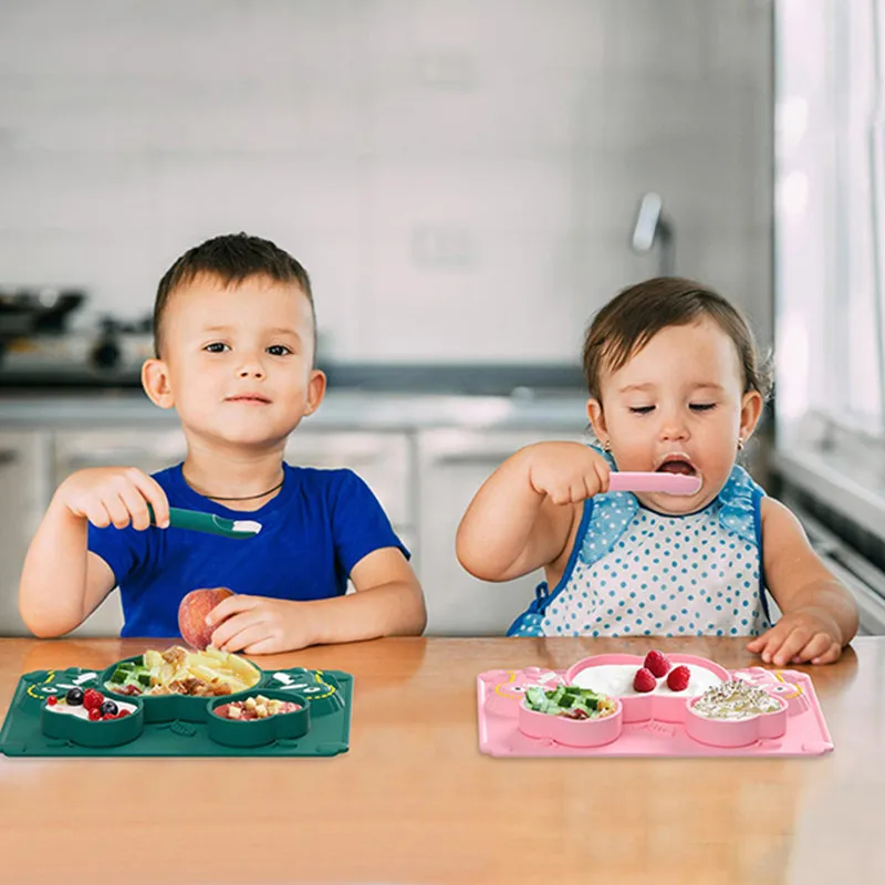 

TYRY.HU Baby Silicone Tableware set 0-12 Months Dinosaur Cartoon Feeding Training Bowl Spoon Fork Non-slip Dinner Plate