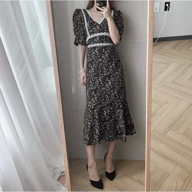 Модные с V образным вырезом и короткими рукавами женское платье принтом в