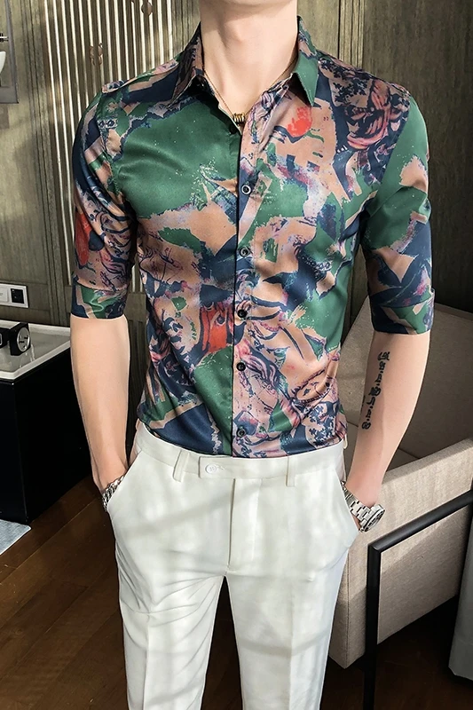 

Shirts Summer Printed Men Short Sleeve Slim Fit Street Wear Shirts Social Party Nightclub Blouse Male Clothing Chemise Homme