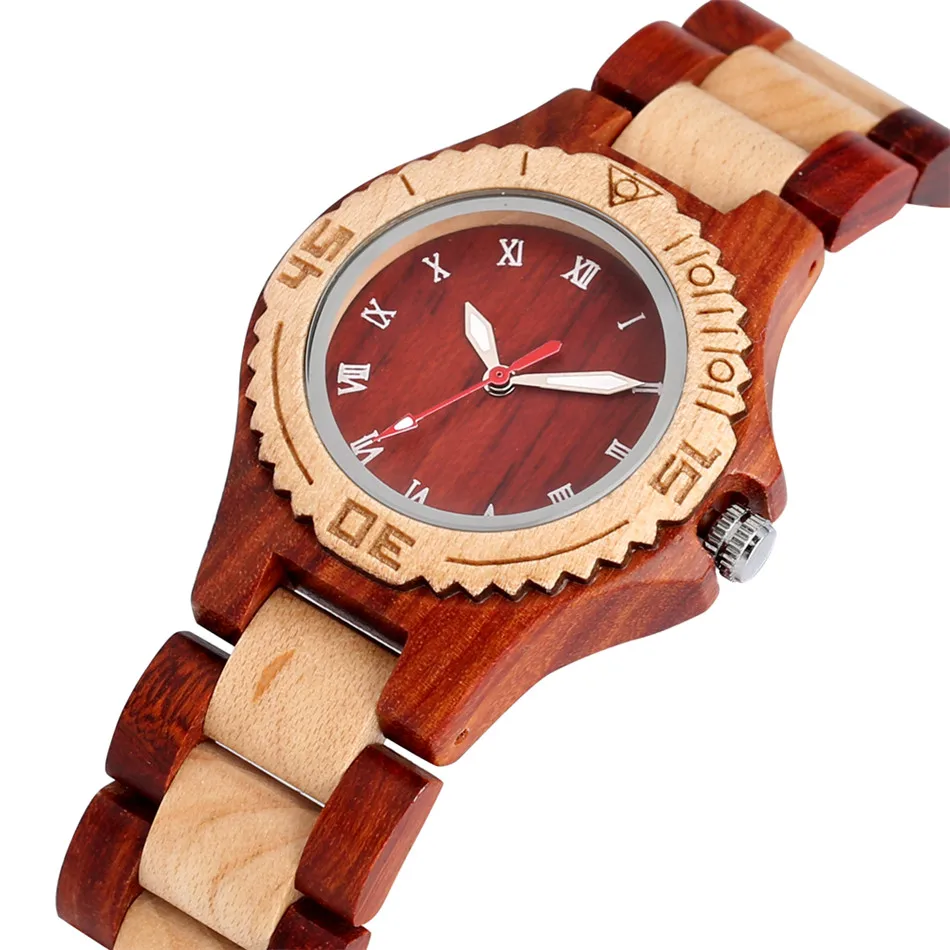 

REDFIRE White Roman Numerals Analog Women's Watch Natural Wooden Case Watchband Folding Clasp Quartz Ladies Wristwatches