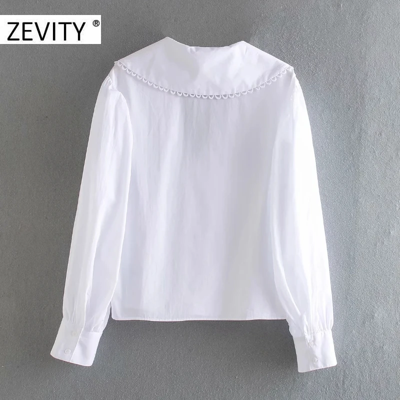 ZEVITY Women's Sweet Peter Pan Collar Lace Stitching Poplin Blouse - Casual Puff Sleeve White Chemise with Chic Tops (LS7201) image 2