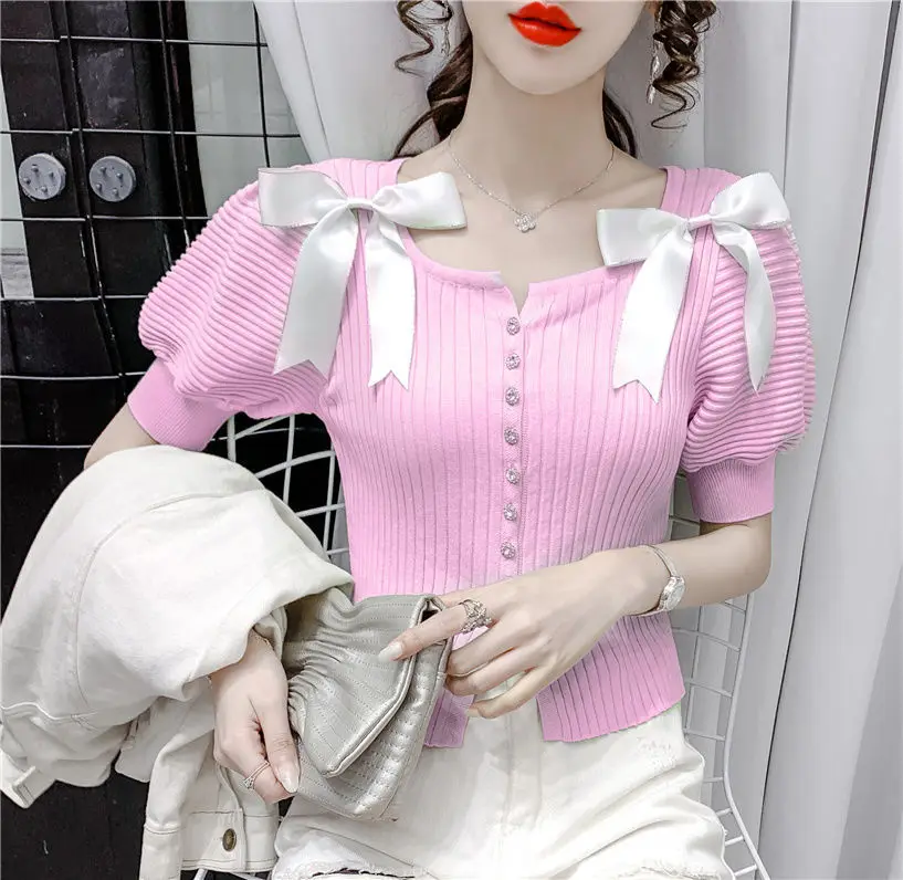 

Nice new summer square neck bow decoration bubble sleeve T-shirt women's slim fit short top shirts for women Ruffles