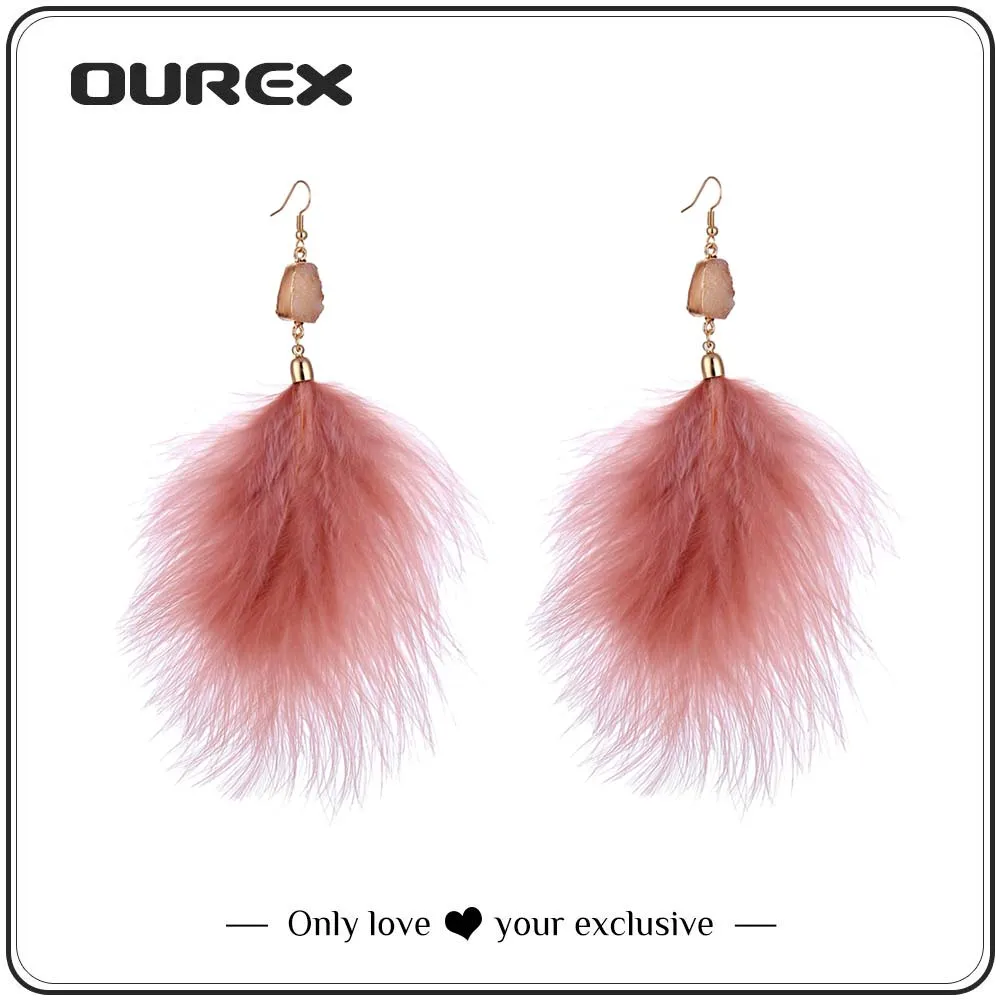 

OUREX New Arrive Fashion Boho Earrings For Women Temperament Fluffy Feather Dangle Pendant Statement Jewelry Ear Accessories