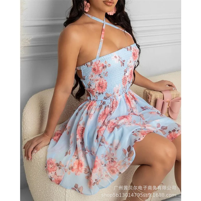 

WEPBEL Women Fashion Dress Ladies Elegant Sleeveless Halter Hollow Out Light Blue Floral Print Cross Bandage Strap Dress