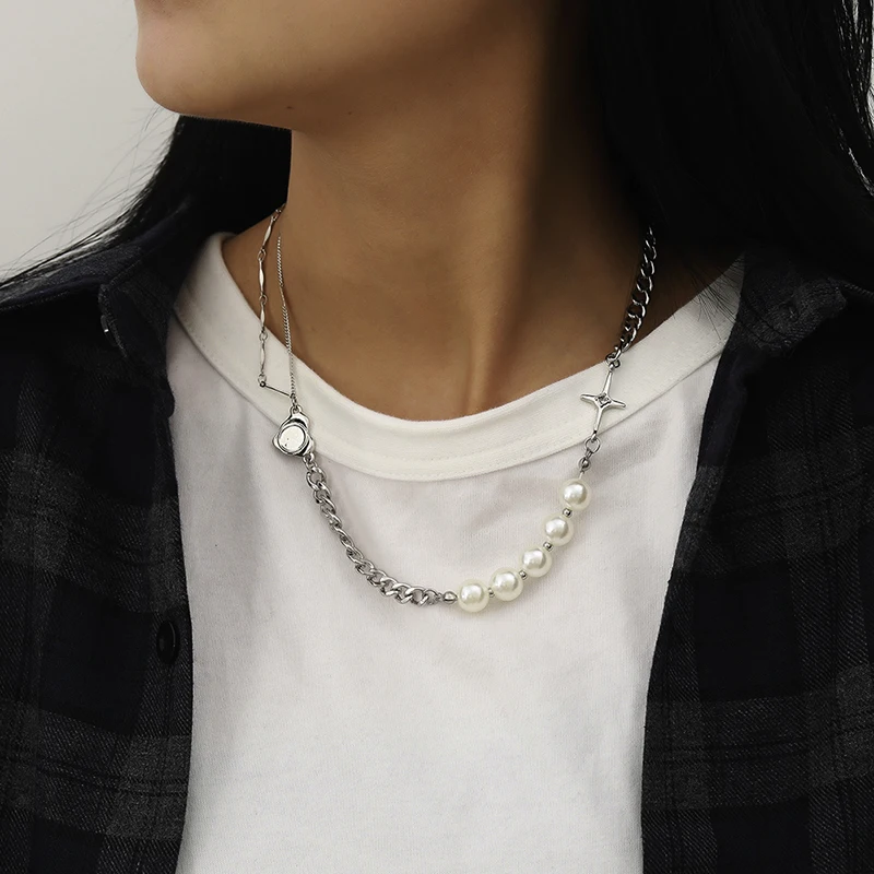 

SHIXIN Asymmetry Stainless Steel Chain With Pearl Necklace for Women Punk Short Choker Colar Necklaces 2020 Fashion Neck Jewelry