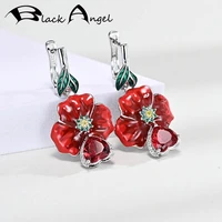 black angel red enamel rose flowers 925 silver heart shaped ruby clip earrings for women fashion jewelry wholesale party gift