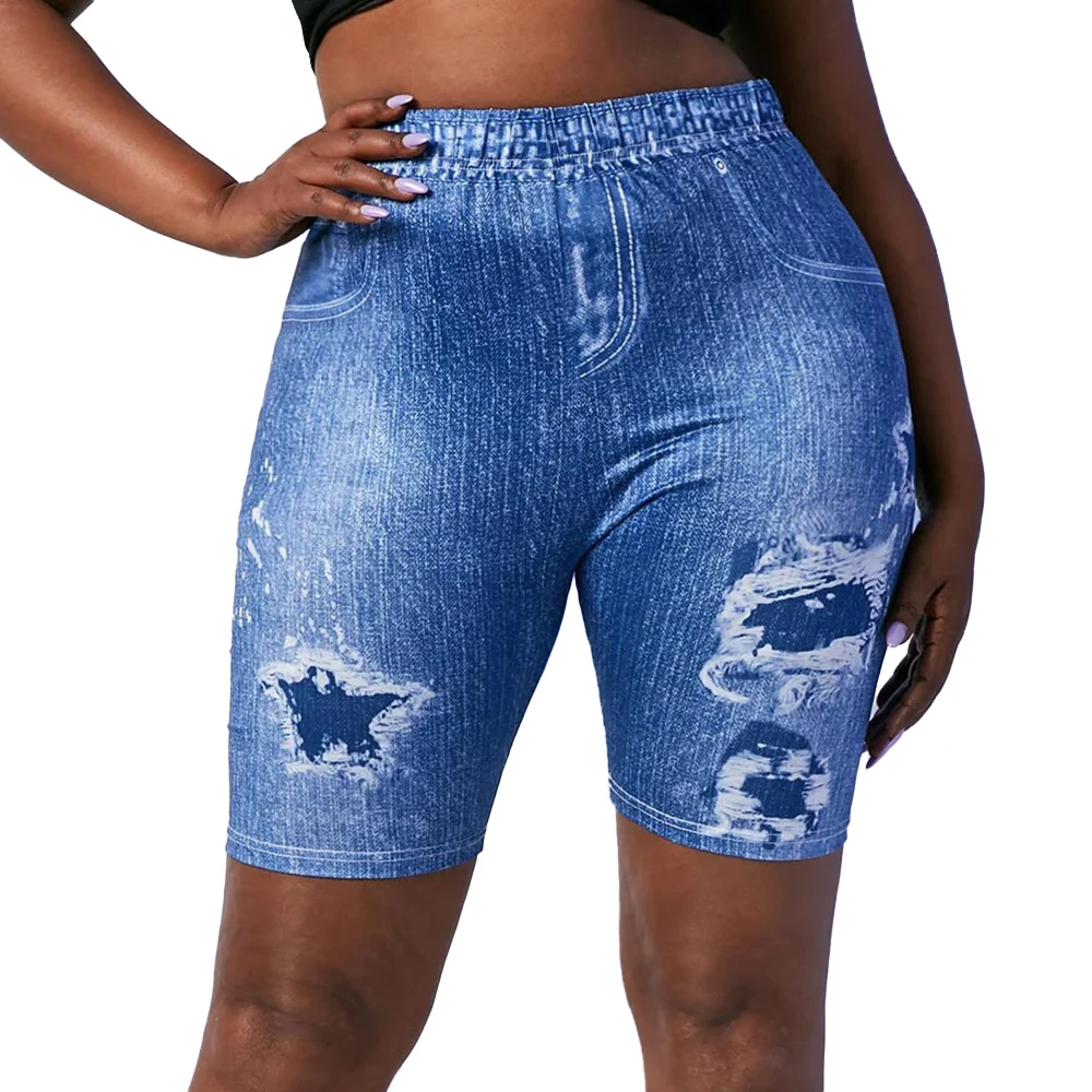 

Plus Size Distressed Printed Stretch Shorts Women Solid Jeggings Casual Skinny Summer Elastic Waist Bottoms Blue Pencil Pant D30