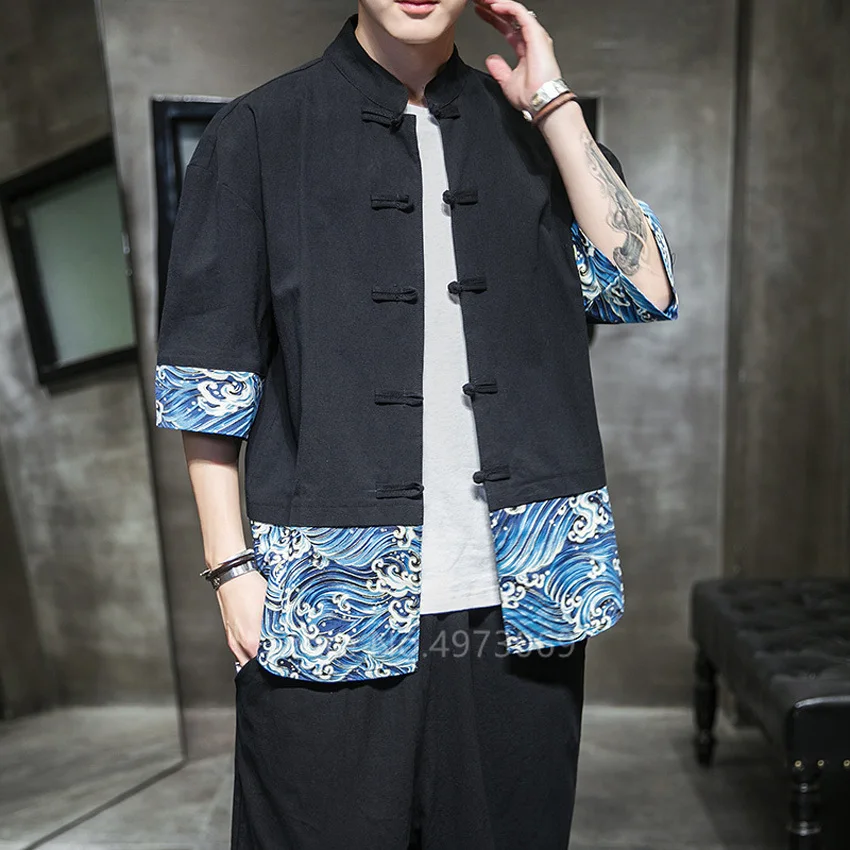Мужское кимоно в японском стиле футболка летнее лоскутное пальто модная одежда