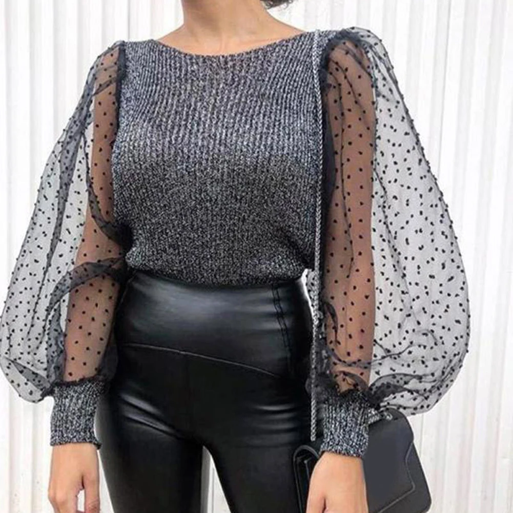 

Womens See-through Blouse Tops Sheer Mesh Slim Fit Blusas Lace Ruffled Lantern Sleeve Shirt Tee Stretch Pullover Tops