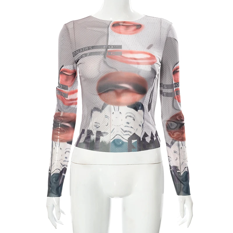 Футболка женская сетчатая с принтом прозрачный кроп-топ в стиле Харадзюку