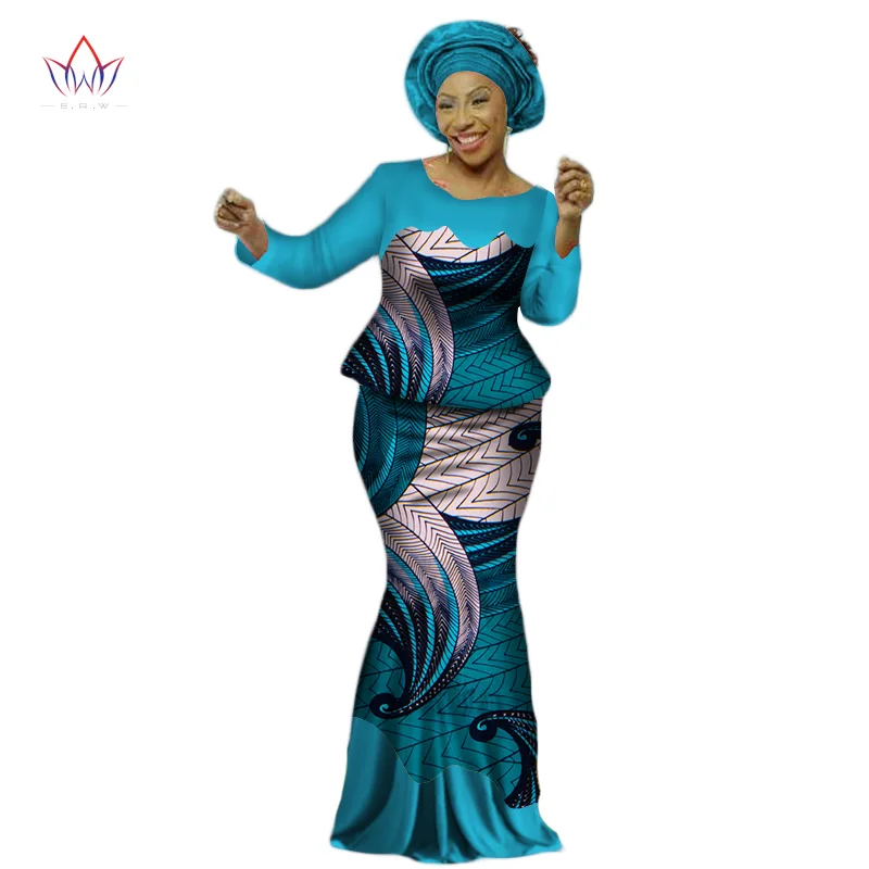 Africa Style Bazin Riche Dresses for Women Two Pieces Set Long Sleeve Tops and African Print Skirt Plus Size WY2454|bazin riche dress|bazin richerich
