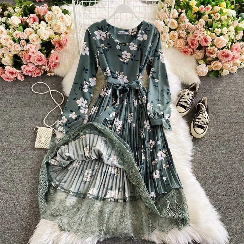 

Long Floral Dress Woman Pleated Lace Patchwork Fairy Dress Midi Elegant V Neck Long Sleeve Autumn Spring Dresses For Women Party