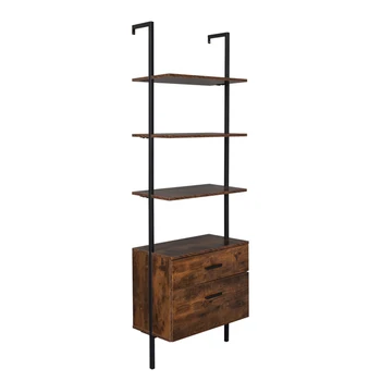 【USA】Industrial Bookshelf with Wood Drawers and Matte Steel Frame,Vintage/Black