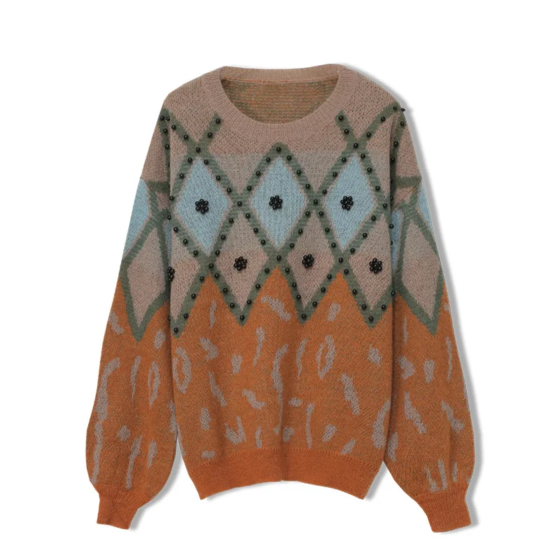 

Oversized Women's Sweater Lazy Style Beading Pop Art Style O-Neck Knitted Pullover Long Sleeve Casual Fashion Female Pullover
