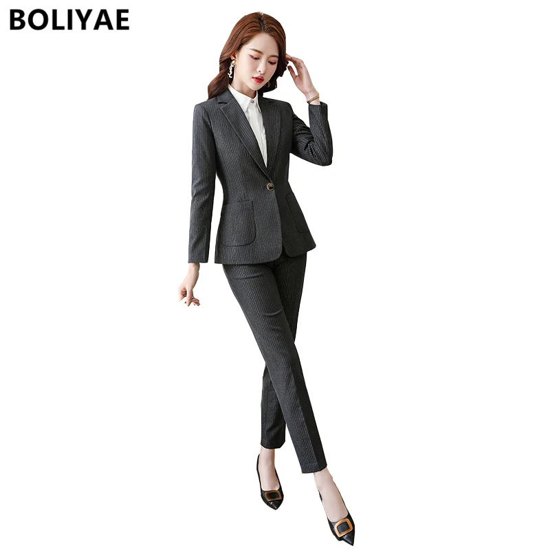 Boliyae Spring Autumn Professional Trouser Suits Two-piece Pant Suits Office Business Formal Blazers Fashion Black Stripe Jacket
