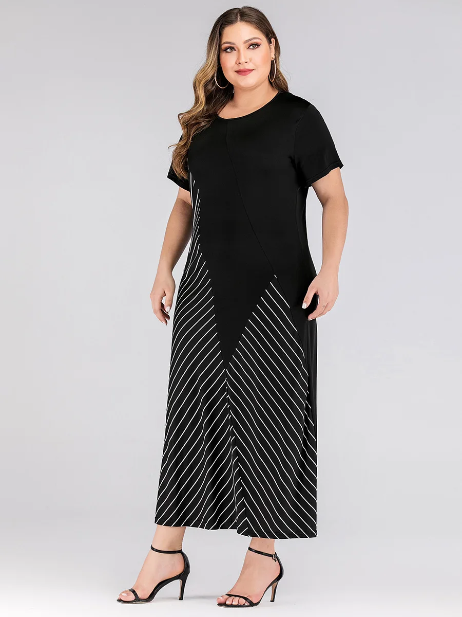 Длинное платье в полоску размера плюс 2020 Женская туника с коротким рукавом