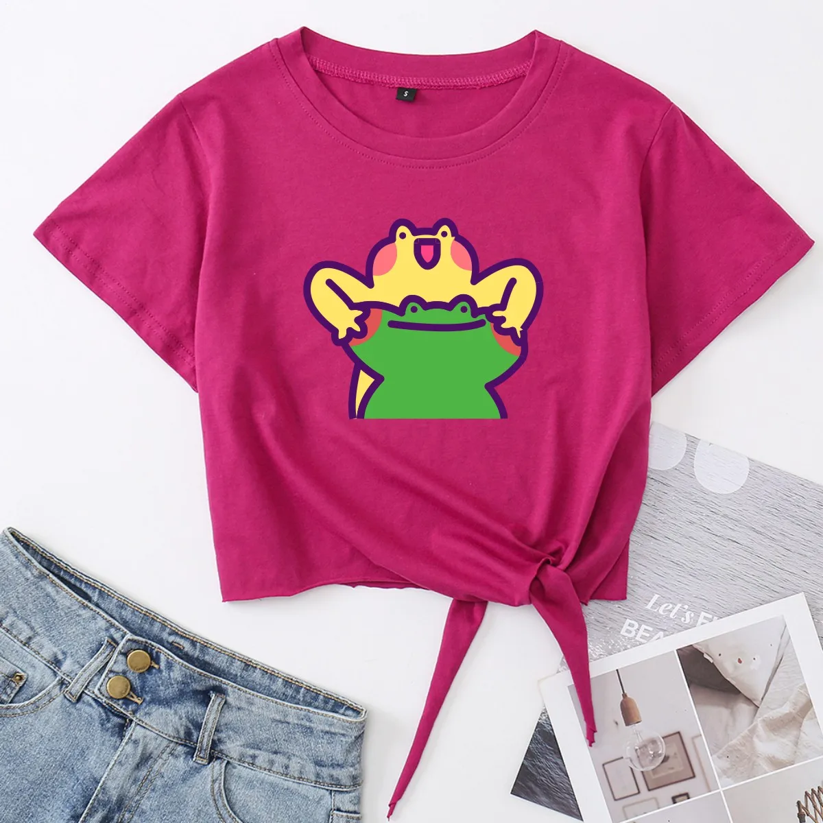 

Funny Frog Couple Crop Top Women's T-shirt Summer Casual Short Sleeve Printing Cotton Cropped Tops Graphic Tee with Front Knot